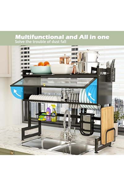 RorAem Suport de vase multifuncțional pentru chiuvetă, cu 2 niveluri, 86 x 30.5 x 11 cm, negru