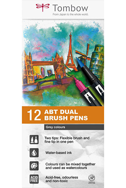 Tombow ABT Dual Brush Pen Grey Colours Set 12 markere pensula, culori asortate