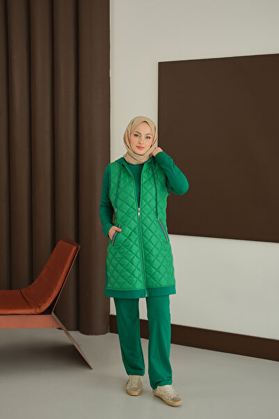 LOCCO Women's Pockets with Glitter Detail Vest Set Sets Green