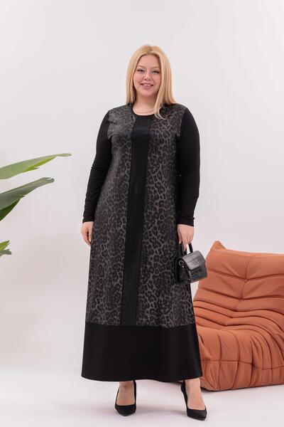 Siyezen Plus Size Leopard Detailed Rhinestone Dress