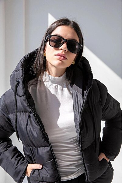 MontClup Women's Black Puffer Jacket Hooded Relax Fit