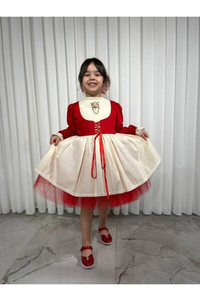 Sare Çocuk Giyim Girl's Premium Deluxe Red Lace-Up Vest Detailed Special Occasion Cosplay Dress + Buckle