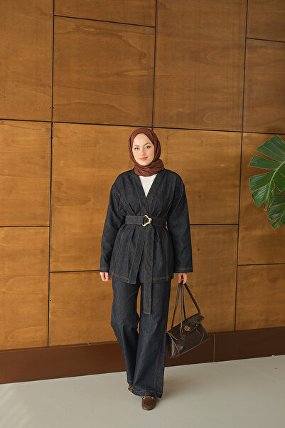 LOCCO Women's Tie-Waist Kimono Set Navy Blue