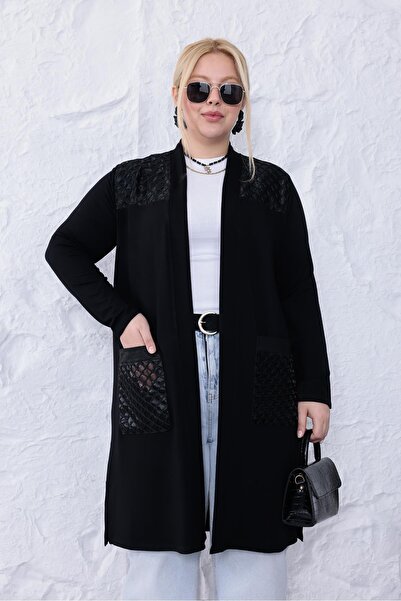 Siyezen Plus Size Cardigan with Pockets Organza Tulle Detail
