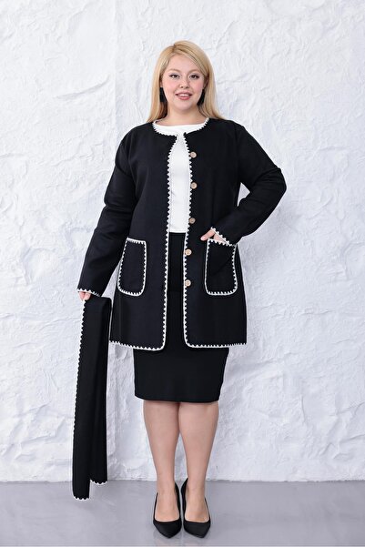 Siyezen Plus Size Scarf Detailed Cardigan with Pockets