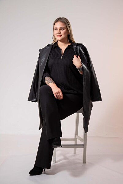 Roxxlen 3330741 Πλεκτό με φερμουάρ μεγάλου μεγέθους Γυναικεία μπλούζα Μαύρη