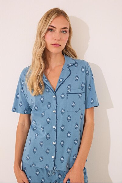 Perspective Women Secret Mavi Gömlek Yaka Desenli Pijama Takımı