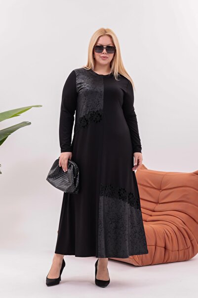Siyezen Plus Size Leather-Look Floral Detailed Dress