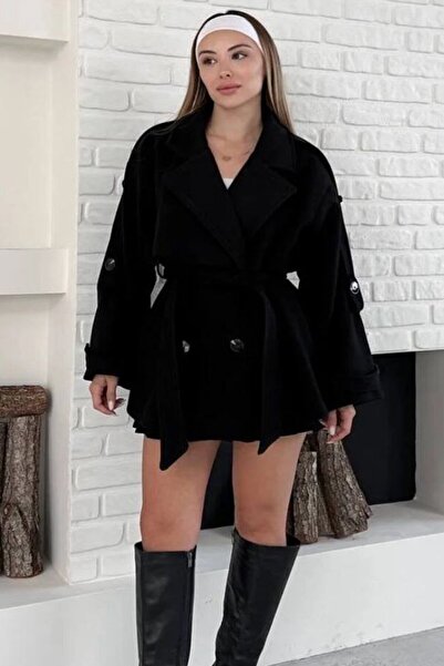 VAGGON Women's Black Double-Breasted Collar Belted Cashmere Coat Vs01647