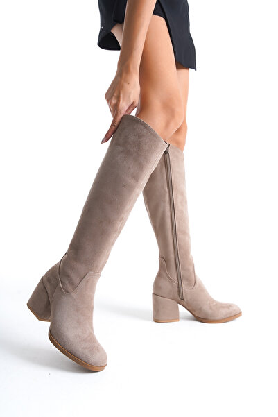 Redoxy Women's Special Design Oval Toe Thick Heeled Zippered Suede Boots