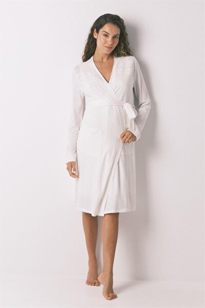 Perspective Women Secret Білий з кишенями та зав'язками, довжиною до коліна, з довгими рукавами, бавовняний халат для вагітних