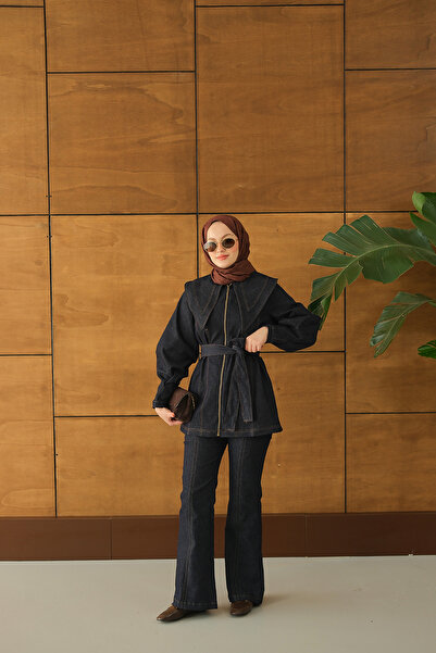 LOCCO Women's Zippered Denim Suit Navy Blue