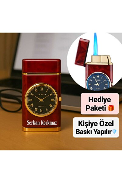 TrendÜrünlerim Kişiye Özel Isim Baskılı Özel Yapım Saatli Çakmak Turbo Işıklı Rüzgara Dayanıklı Çakmak