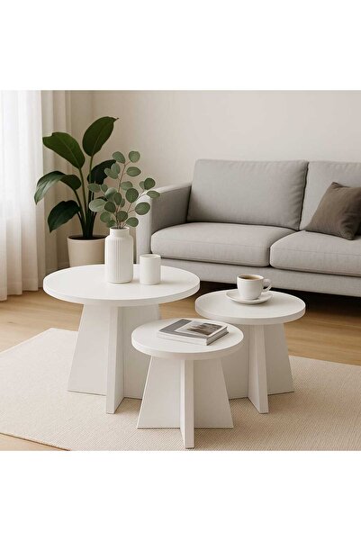 DEKOZUM LOTUS 3 lü Mantar Zigon Sehpa Sehpa Takımı Yan Sehpa Orta Sehpa BEYAZ