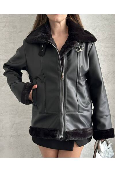 ZF BUTİK Fur Detailed Biker Leather Coat Premium Design