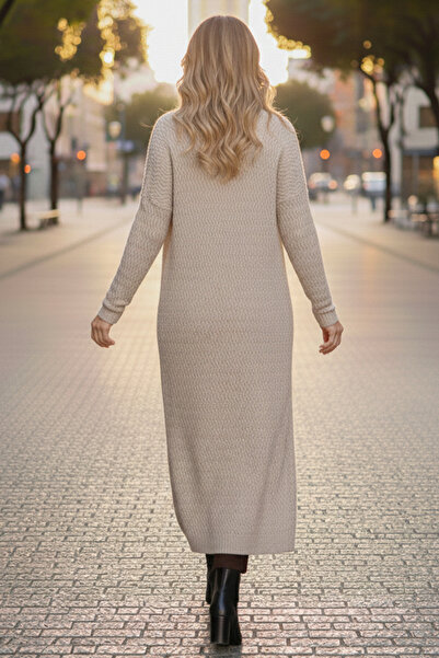 benguen Zigzag Patterned Long Knitwear Cardigan R4470 Stone Color