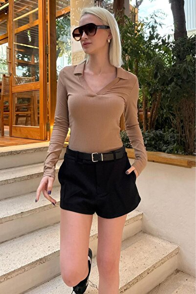 Madmext Beige Polo Neck Corded Fabric Women's Bodysuit Mg2566