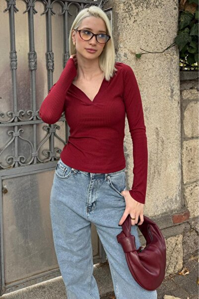 Madmext Burgundy Polo Neck Corded Fabric Women's Bodysuit Mg2566