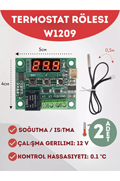 Arduino 2 Adet W1209 Termostat + Ekran ve 0.5m Sensör – 12V, Yeşil