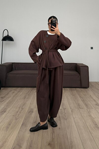 SHILSEE BEUTİQUE Women's Large Buttoned Waist Belted Knitwear Set Brown