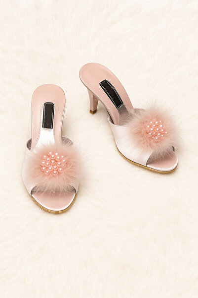 Loule Feather Pearl Detailed Gift & Dowry Heeled House Slippers