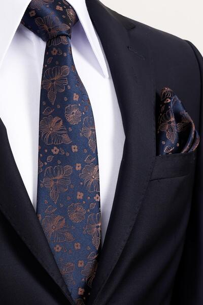 Esgue ربطة عنق كلاسيكية عريضة مصنوعة يدويًا مقاس 8 سم باللون الأزرق الداكن - بنمط زهور بنية اللون