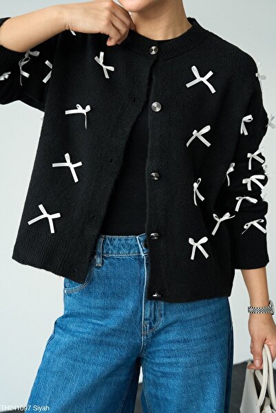 cemo White Ribbon Bow Detailed Button Closure Women's Knitted Cardigan