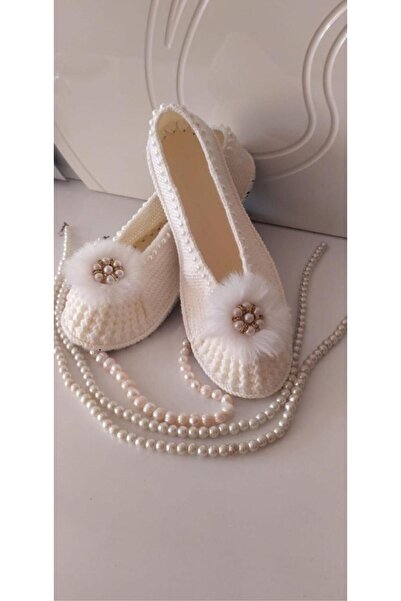 ruhaay El Örgüsü Keçe Tabanlı Taş Detaylı Örme Patik