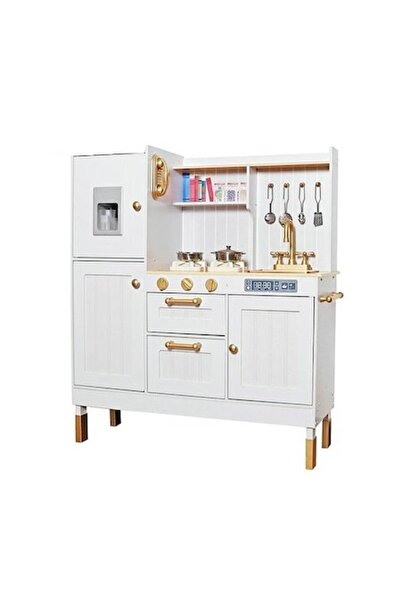 Smart Vibe Elegant Wooden Children's KitchenKinderVibe Kitchens with LED, Sound, Accessories, 103 cm, White Gold