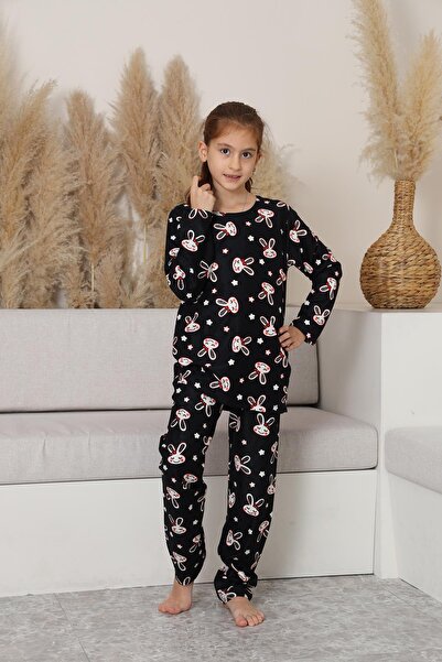 Kompedan Kız Çocuk Süet Siyah Tavşan Desenli Pijama Takım | 137
