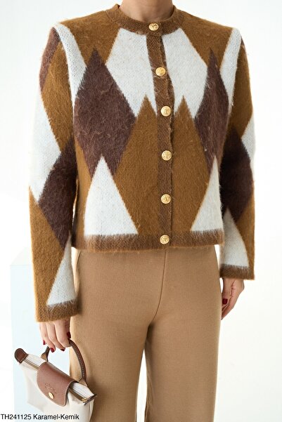 cemo Golden Button Feather Knit Argyle Cardigan Sweater
