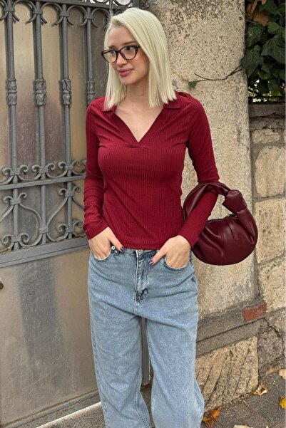 Madmext Burgundy Polo Neck Corded Fabric Women's Bodysuit Mg2566
