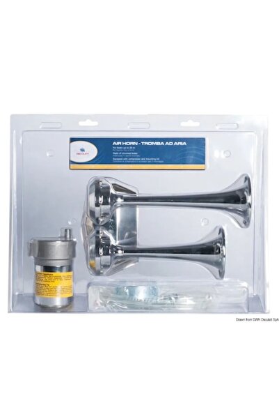 TNG Outdoor Chromed Horn with Two Oscillating Trumpets, 12V – Chromed Brass, with Compressor and Mounting Kit