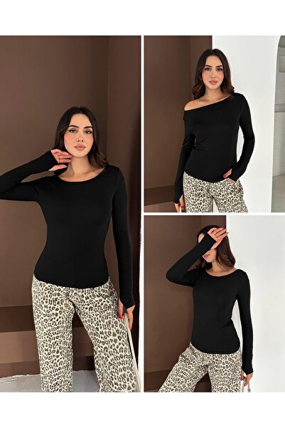 Elaxi Women's Boat Neck Finger-Looped Long Sleeve Full Stretch Fabric Cotton Viscose Buzzy Body T-Shirt