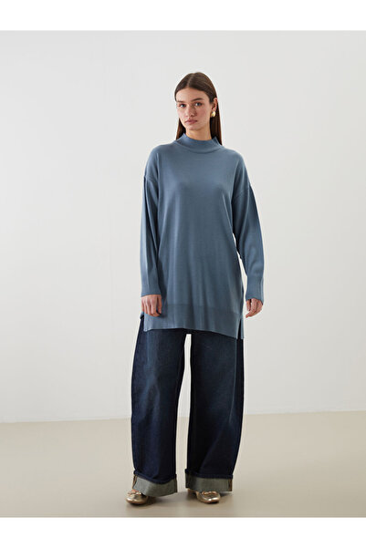 LC Waikiki Modest Blue Mock Neck Women's Knitwear Tunic