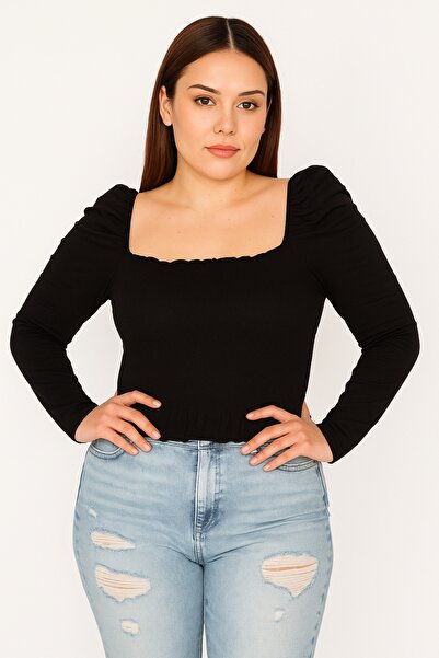 Şans Women's Plus Size Black Size Part Gipe Elasticated Karmen Collar Long Sleeve Crop Blouse 65N39260