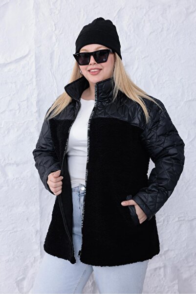 Siyezen Plus Size Quilted Plush Detailed Coat