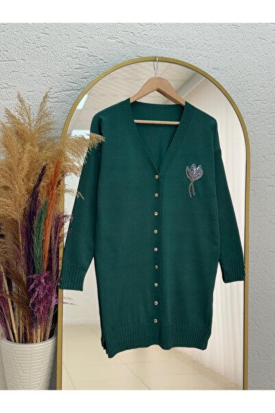 MİHRA STORE Gavessa Stone Embroidered Cardigan with Metal Buttons on the Sleeves and Front-Sy3260 Emerald Green
