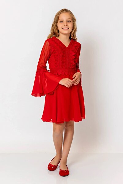 incity Girls' Red Lace and Flounce Sleeve Detailed Dress