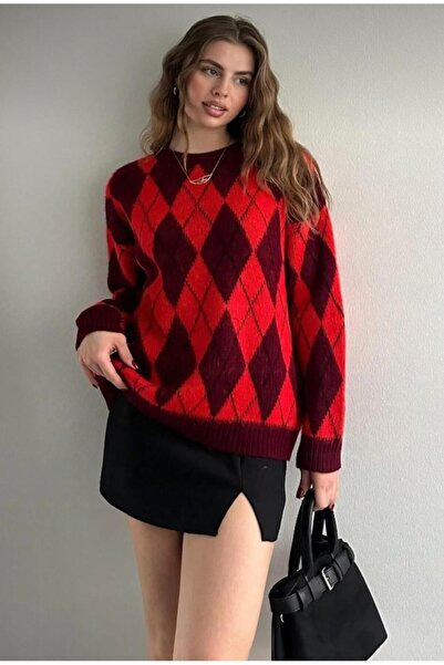 DAĞON'S DGN'S ÖZEL BAKLAVA DESEN KADIN TRİKO ŞARDONLU KAZAK