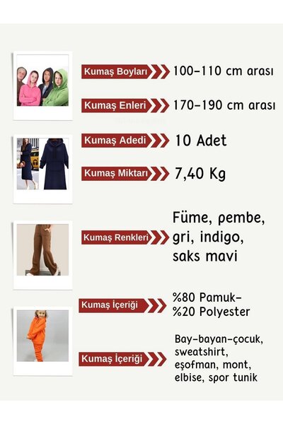 Yiğit Kumaş Fleece-Lined 3-Thread Fabric Set, 10 Pieces, Sizes between 100-110 cm