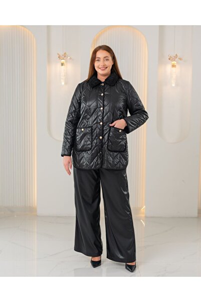 FUERTE XL Plus Size Fur Collar Quilted Stitched Coat