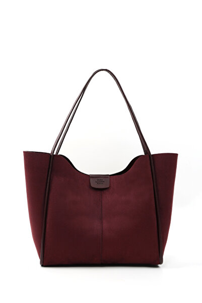 SHAKA Burgundy Suede Shk76 Large Size Women's Hand and Shoulder Bag with Snap Fastener, Wicking Strap, and Faux Leather Makeup Bag