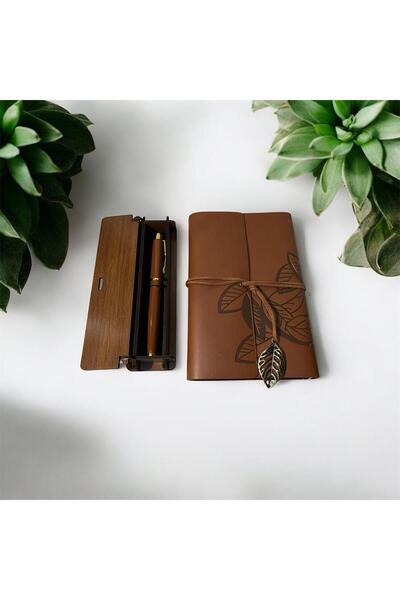 Sarego Vintage Deri Kapaklı Defter Kalem Seti Yaprak Detaylı Özel Tasarım Çizgisiz Günlük Şık Hediyelik