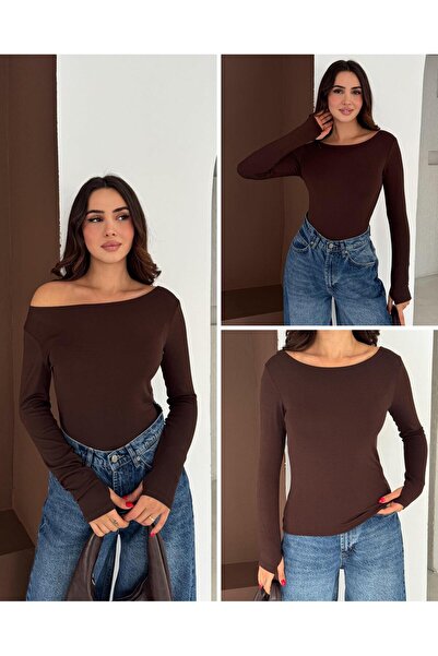 Elaxi Women's Boat Neck Finger-Looped Long Sleeve Full Stretch Fabric Cotton Viscose Buzzy Body T-Shirt