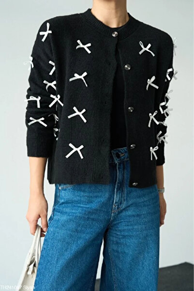 cemo White Ribbon Bow Detailed Button Closure Women's Knitted Cardigan