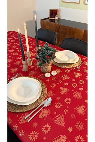 homease Glitter Jacquard Christmas Tablecloth – Red |   Pine Tree, Bell and Star Patterned
