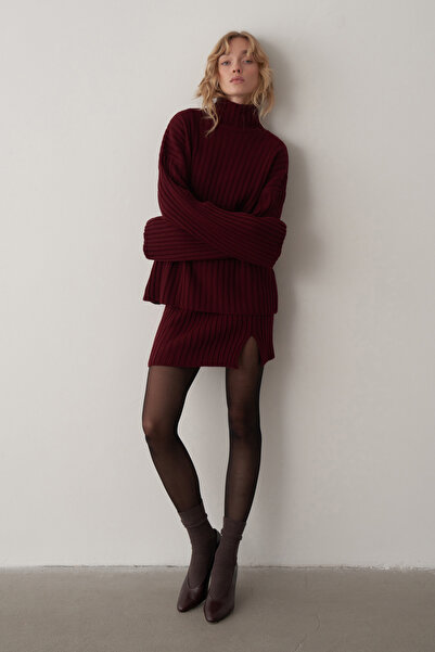 Mathilda Store Bordo Balıkçı Yaka Etekli Triko Takım