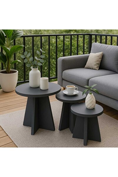 DEKOZUM LOTUS 3 lü Mantar Zigon Sehpa Sehpa Takımı Yan Sehpa Orta Sehpa ANTRASİT