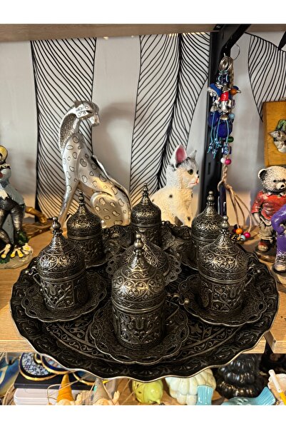 Atak Hediyelik 6-Person Forged Black Copper Cup Set with Tray, Turkish Delight Bowl
